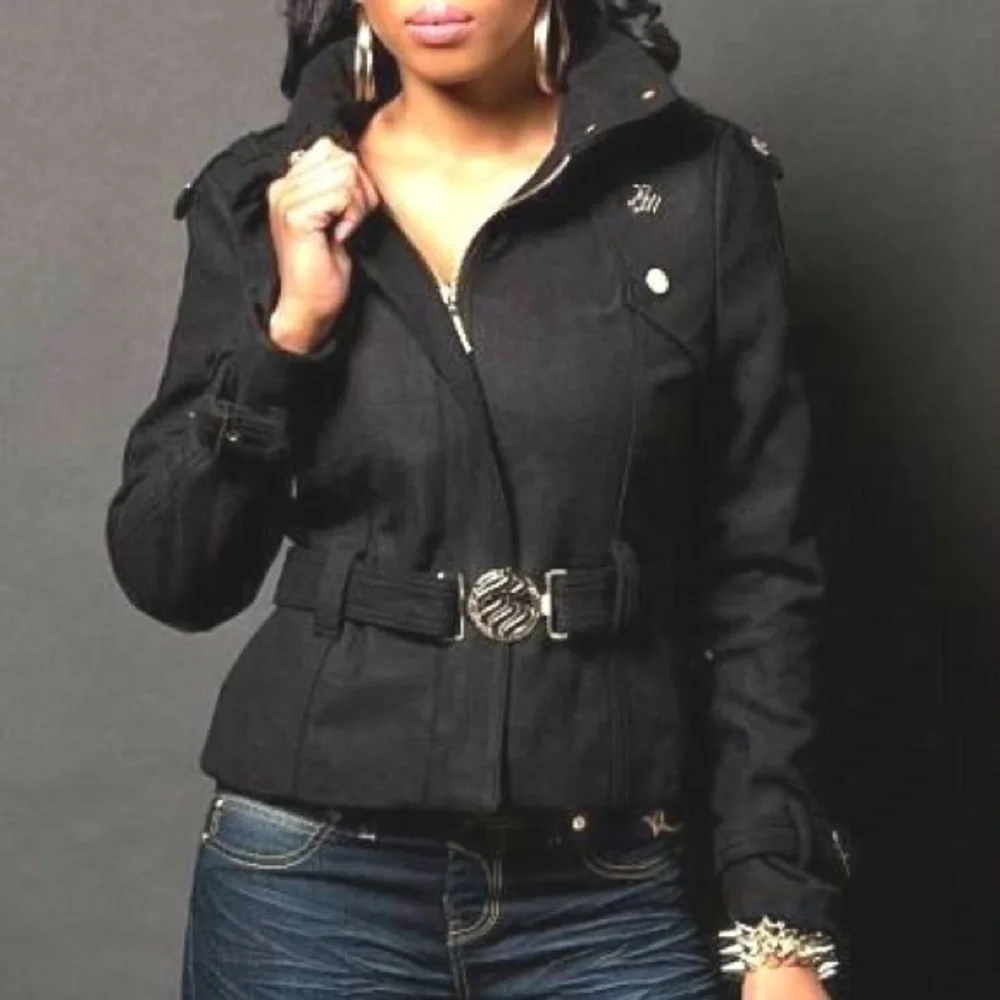 NEW ROCAWEAR black Y2K Zipper Snap  Belted Logo WOOL Winter  COAT Large L